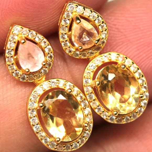 925 Sterling Silver 6 x 8 mm. Yellow Citrine, Sapphire & Zircon Earrings - Picture 2 of 3